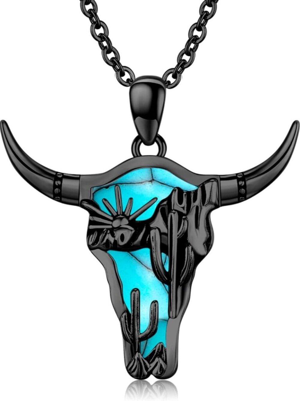 Women's Black A Sterling Turquoise Pendant Highland Cow Skull Western Necklace